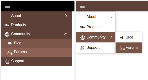 Left: Expanding menu. Right: Cascading Menu.